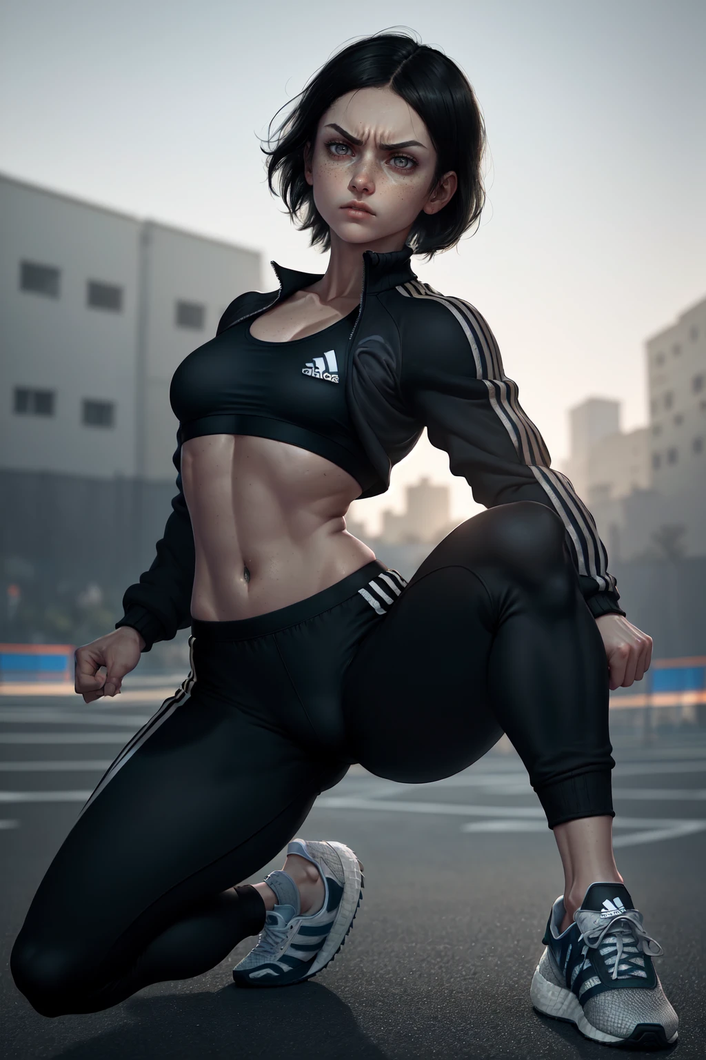 girl of Russian-Ukrainian roots, short hair, (black hair), grey eyes, thin waist, detailed eyes, detailed face, (look at viewer), (angry face),(freckles:0.7), ((correct hand anatomy)), ((natural skin texture)),
Perfect ass, (perfect body), attractive, (small breast:1.15), (does artistic gymnastics exercises),
Dressed in ((sports jacket, sports pants, Adidas)), (activity:1.2),
In the background (russian panel houses), sports ground, street, <lora:theAestheticsOfPanel_v105:0.4>
((full body, sharp focus)), (hyper realistic photo, best shadow, best illumination, dynamic light,redshift style, hyper skin texture),