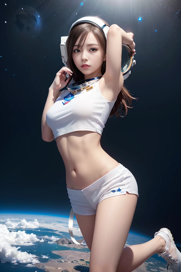 masterpiece, best quality, official art, extremely detailed CG unity 8k wallpaper, ultra high res, ultra detailed, realistic, (photorealistic:1.4), soft light, depth of field, professional lighting, physically-based rendering,
1girl, deep depth of space, universe background, Mysterious planet,full body, (girl in the air), (white shirt, white shorts),1 planet,((Astronaut helmet,reflective)),
<lora:Pure_Innocent_girl2:0.4>