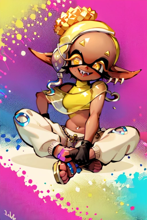 masterpiece, best quality, splatoon, (frye:1.2), simple background, ink splatter background, sitting, cross legged, hand out, solo, tentacle hair