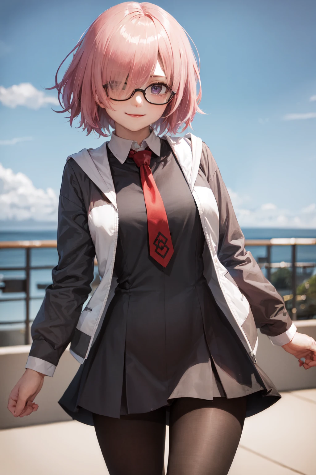 (masterpiece, best quality:1.2), <lora:fate_kyrielight-10:0.8>, cowboy shot, solo, 1girl, mash kyrielight, smile, closed mouth, looking at viewer, pink hair, hair over one eye, glasses, jacket, dress, necktie, pantyhose