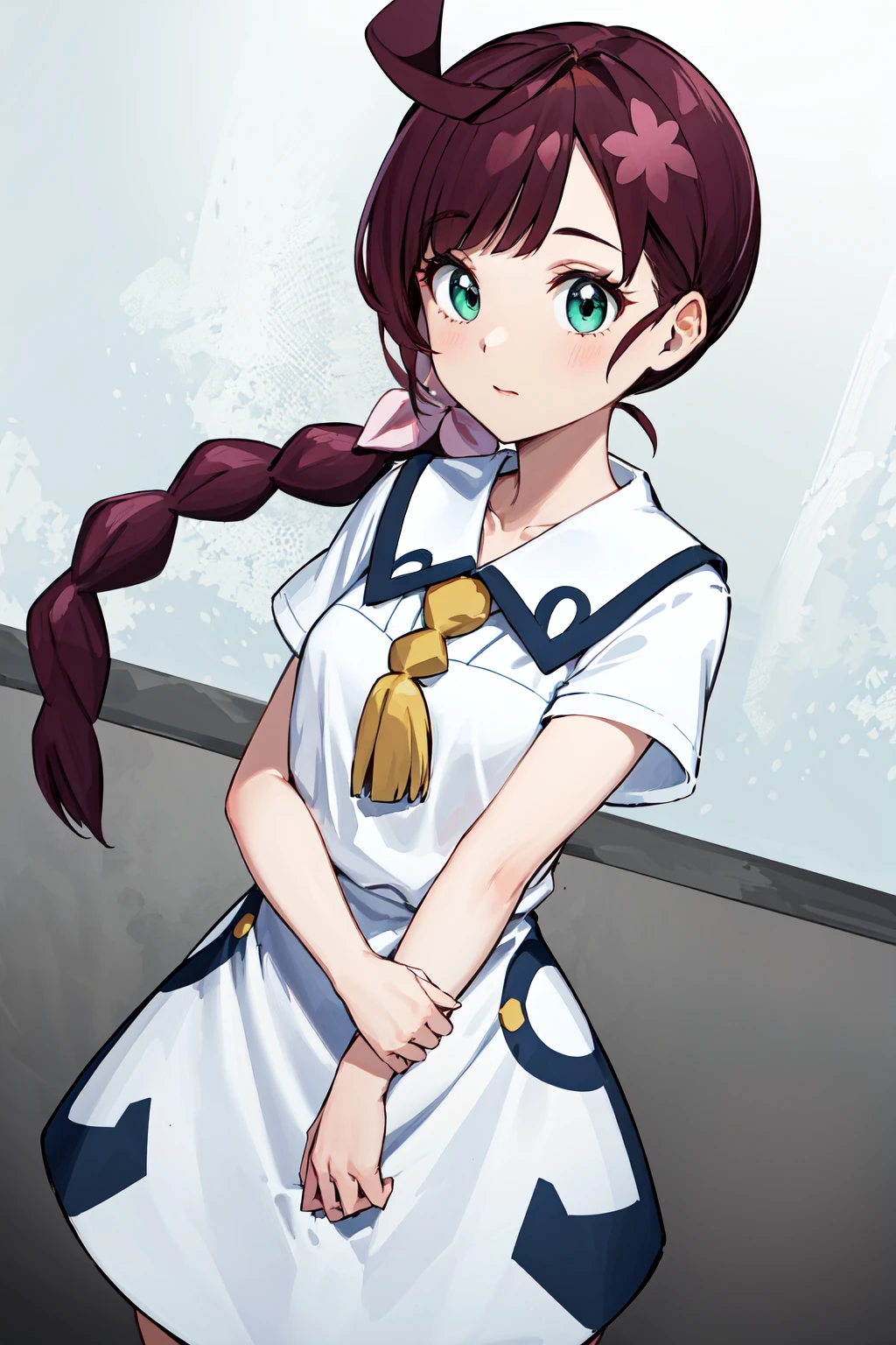 masterpiece, best quality, highres, chl1, 1girl, braided_ponytail, (ahoge:1.1), dress, school uniform, white dress, collared dress, collarbone, eyelashes, short sleeves, neck tassel, <lora:chloe_(pokemon)_v5:0.6>, (cowboy shot:1.1),