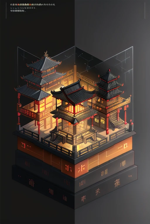 knollingcase, isometic render, a ancient chinese temple, isometric display case, knolling teardown, transparent data visualization infographic, high-resolution OLED GUI interface display, micro-details, octane render, photorealism, photorealistic