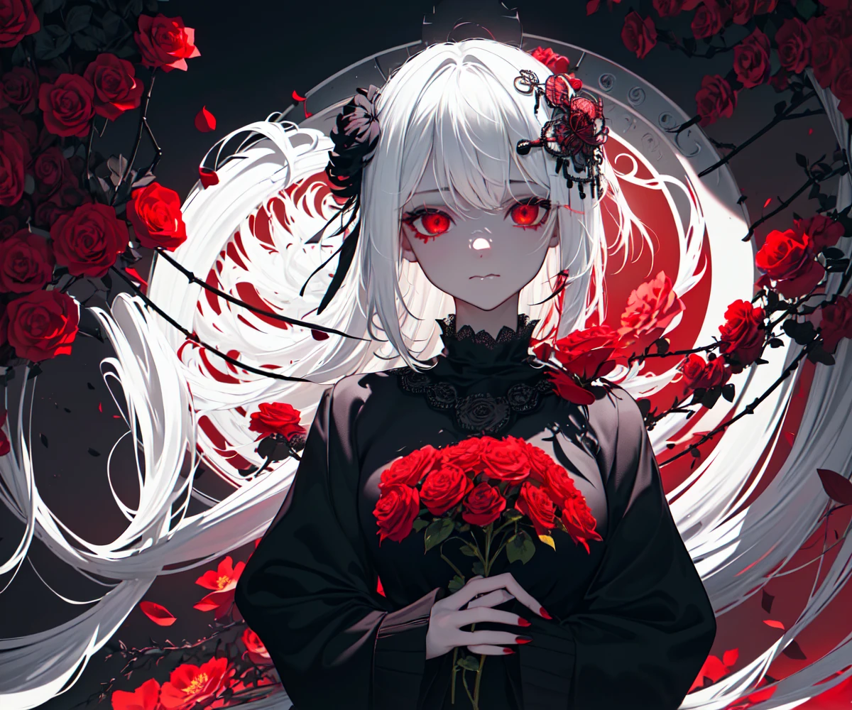 (best quality, masterpiece), (1girl, solo, black dress, standing , looking at viewer, white hair, red eyes, holding rose, closed mouth, upper body), (red dreamcatcher behind, red flower, )