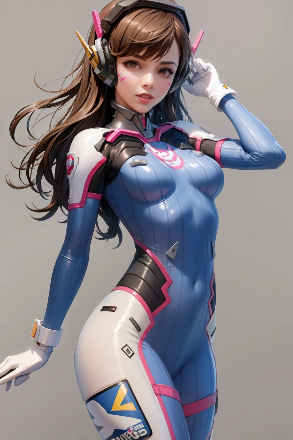 masterpiece, best quality,1girl, d.va (overwatch), solo, long hair, whisker markings, bodysuit, brown hair, facial mark, gloves, breasts, brown eyes, pilot suit, cowboy shot, headphones, white gloves, medium breasts, swept bangs, skin tight, animal print, bangs, bunny print, ribbed bodysuit, facepaint, pink lips,(grey background:1.2),simple background, (kbxll:0.6)