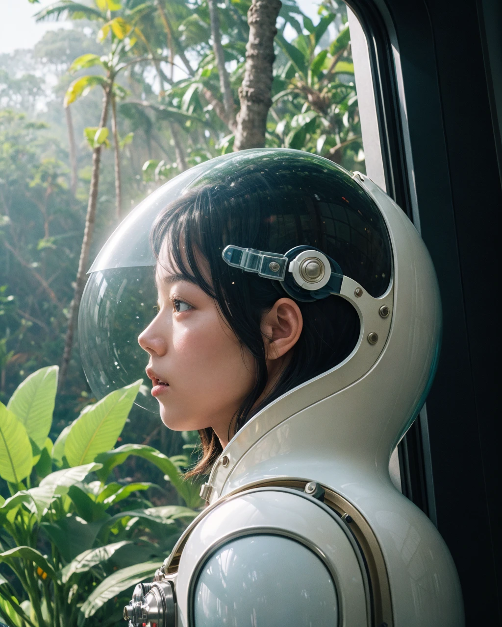 1girl, polished aluminum suit, alien, jungle landscape, jetpack, glass dome helmet, perfect curly hair, Best quality, masterpiece, ultra high res, (photorealistic:1.4), raw photo, film grains, shallow, depth field, bokeh atompunkstyle, absurd scene, <lora:FilmGirl:0.5>