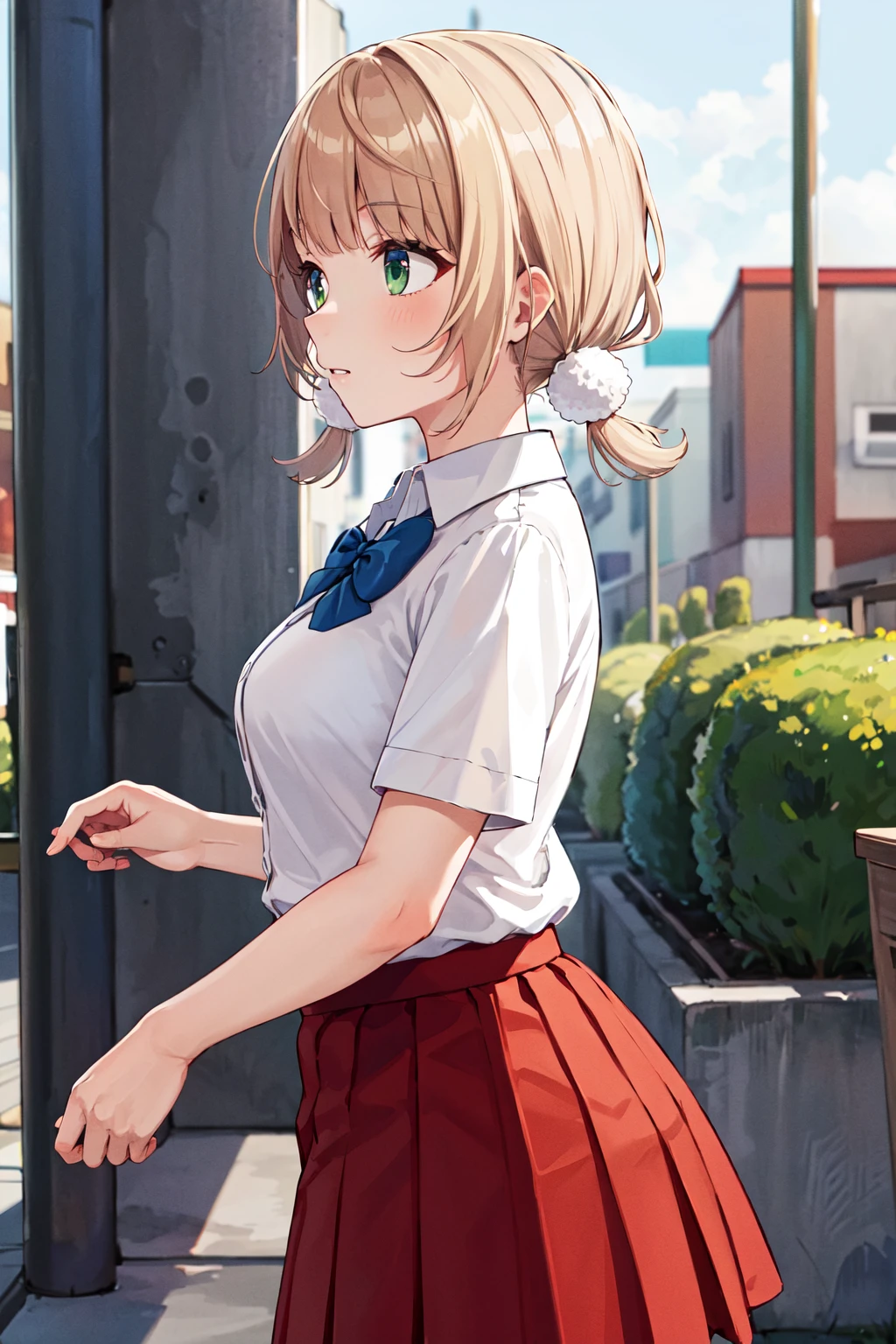 masterpiece, best quality, highres, ui2, 1girl, solo, green eyes, solo, red skirt, white shirt, low twintails, pom pom \(clothes\), collared shirt, blue bow, pleated skirt, school uniform, short sleeves, <lora:shigure_ui_v2:0.6>, from side, outdoors,