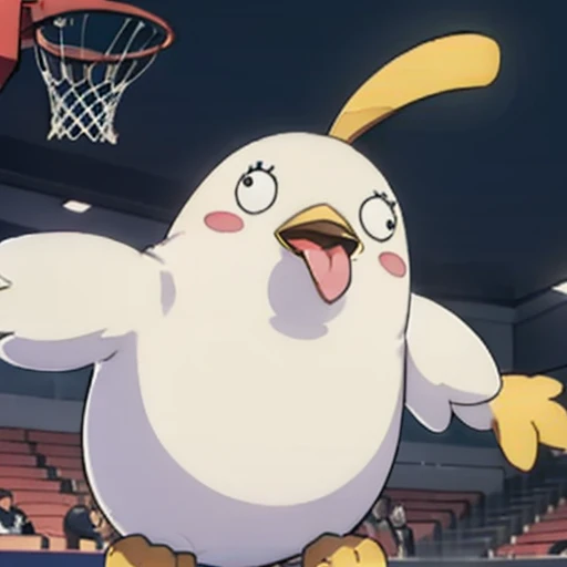 masterpiece, best quality, <lora:PeroroSama_v9-000006:1.0>, no humans, peroro, fat bird, playing basketball, wearing basketball shorts, very long tongue, dynamic camera, action shot, cool,