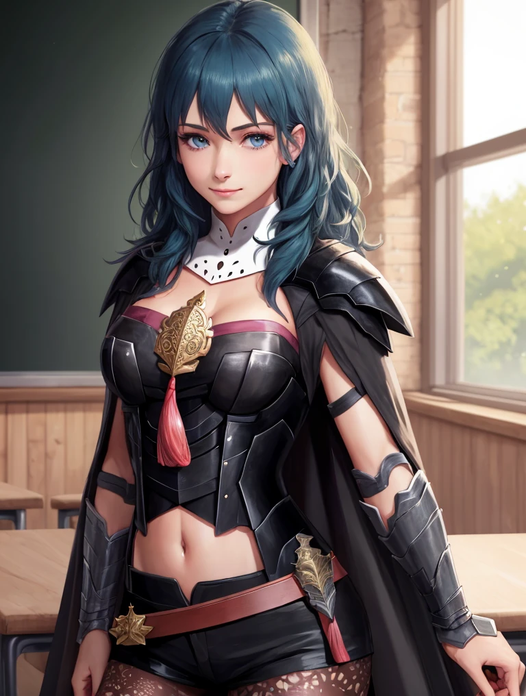 masterpiece, high quality, fembyleth, detached collar, black cape, black crop top, breastplate, tassel, belt, short shorts, gauntlets, patterned pantyhose, classroom, closed mouth, slight smile, cowboy shot <lora:byleth-nvwls-ver5-000014:0.9>