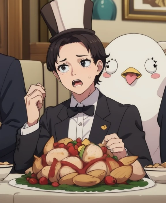 masterpiece, best quality, no humans, animal, peroro, fat white bird, long tongue, drooling, crying, bawling, tears, <lora:PeroroSama_v9-000006:0.7>, wearing a top hat, black tuxedo, bowtie, eating roast chicken, banquet table,