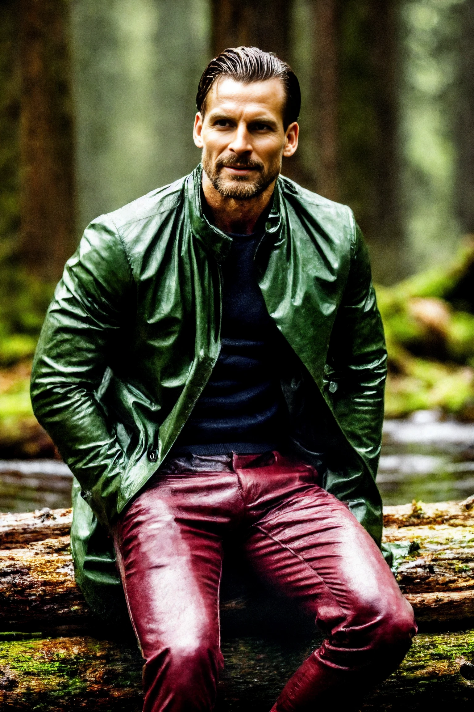 SoakingWetClothes, handsome thing man sitting on log in forest in heavy rain, <lora:SoakingWetClothesv2:0.9>, photorealistic, masterpiece,