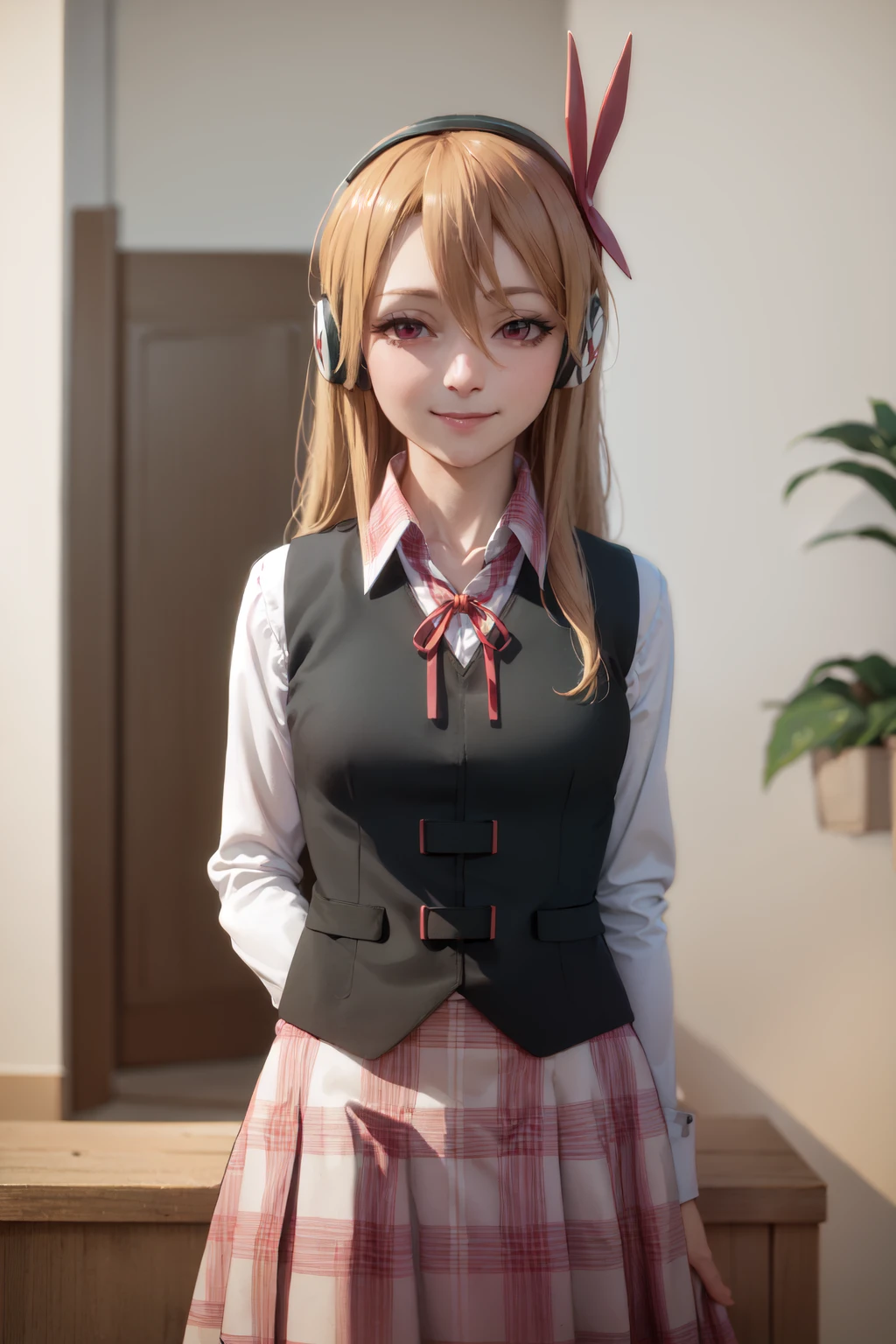 (masterpiece, best quality:1.2), <lora:agk_charpack-10:1.0>, chelsea \(akame ga kill!\), smile, closed mouth, looking at viewer, headphones, black vest, white shirt, neck ribbon, long sleeves, plaid skirt