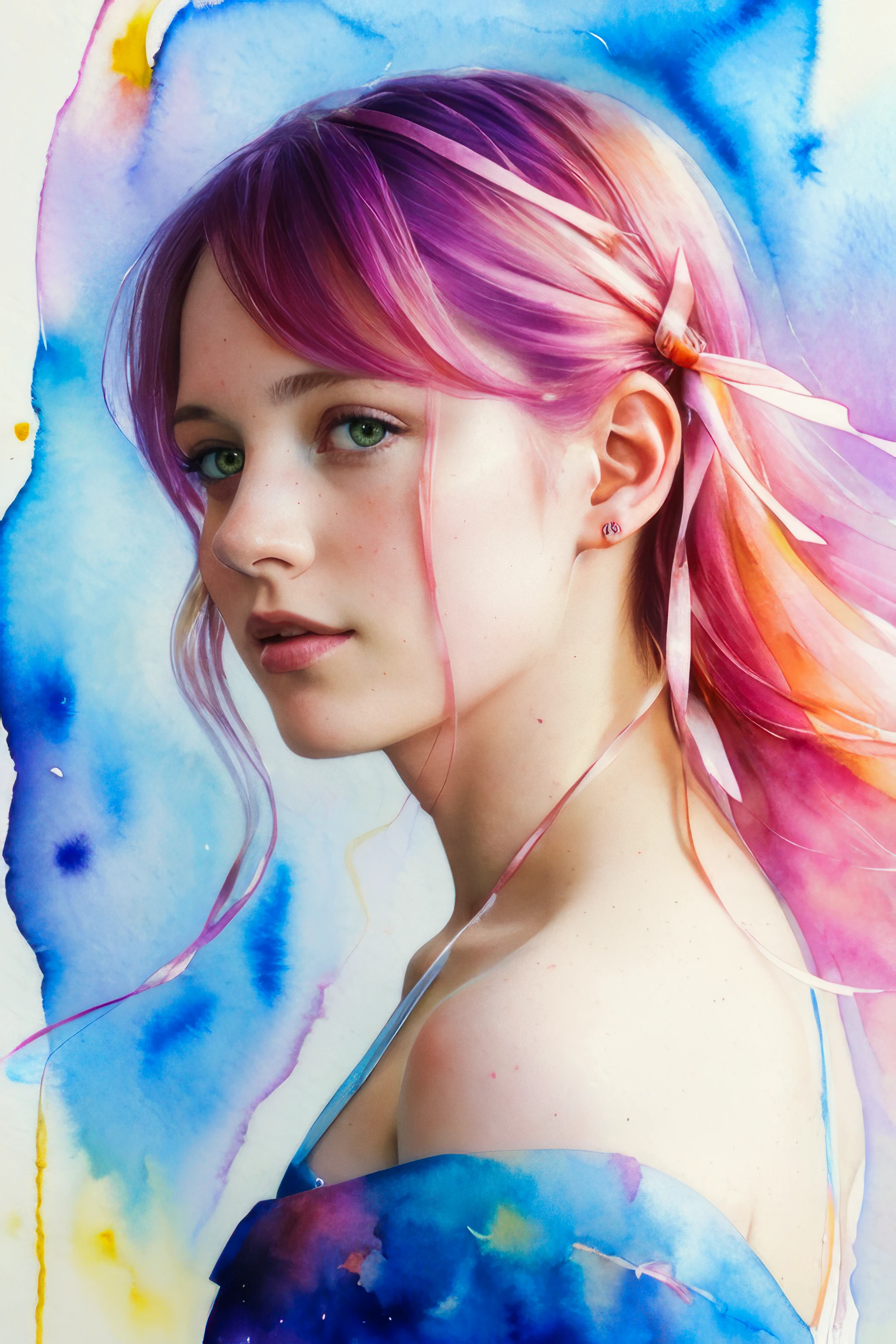 (8k, best quality, masterpiece:1.2),(best quality:1.0), (ultra highres:1.0), watercolor, a beautiful woman, shoulder, hair ribbons, by agnes cecile, half body portrait, extremely luminous bright design, pastel colors, (ink:1.3), autumn lights