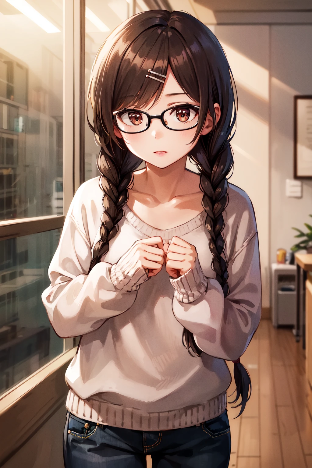 masterpiece, best quality, highres, chi1, 1girl, twin braids, twintails, solo, hair ornament, hairclip, glasses, twin braids, pants, jeans, sweater, collarbone, long sleeves, swept bangs, <lora:mizuhara_chizuru_v2:0.6>, cowboy shot,