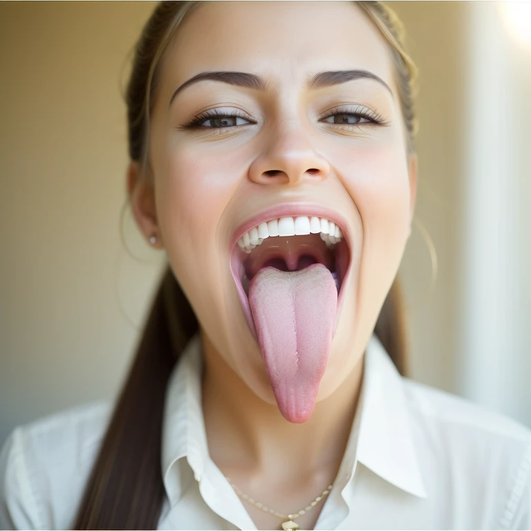 a woman, mouth open, tongue out, wide smile, happy face, extreme midday sun, toplit, frontlit, cute, seductive, white caucasian, sharp focus, dslr, professional , stunning, very detailed, aesthetic, ultra realistic, wholesome, warm light, low cut blouse, detailed pupils, detailed eyes, golden eyes, very detailed skin, pretty teeth <lora:ftm-v0:1>