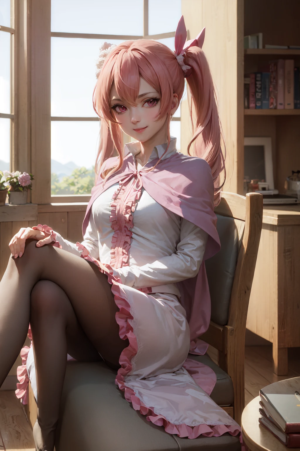 (masterpiece, best quality:1.2), <lora:agk_charpack-10:1.0>, mine \(akame ga kill!\), smile, looking at viewer, sitting, crossed legs, long pink hair, twintails, pink eyes, pink dress, ribbon, capelet, pantyhose