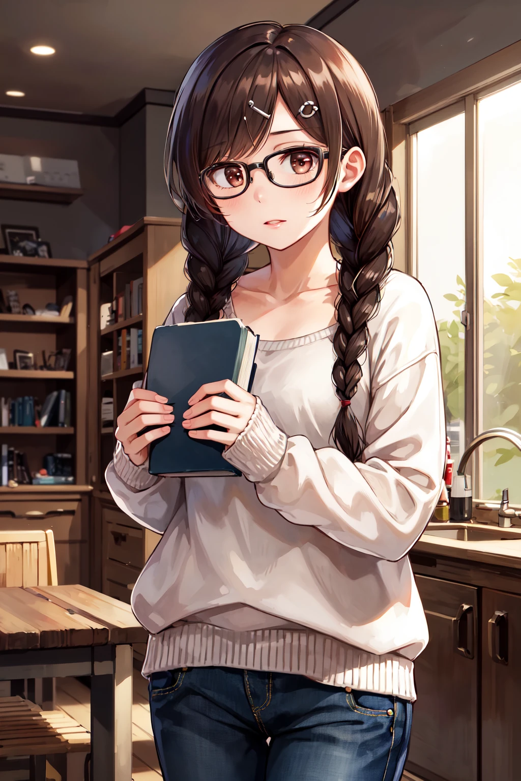 masterpiece, best quality, highres, chi1, 1girl, twin braids, twintails, solo, hair ornament, hairclip, glasses, twin braids, pants, jeans, sweater, collarbone, long sleeves, swept bangs, <lora:mizuhara_chizuru_v2:0.6>, holding book