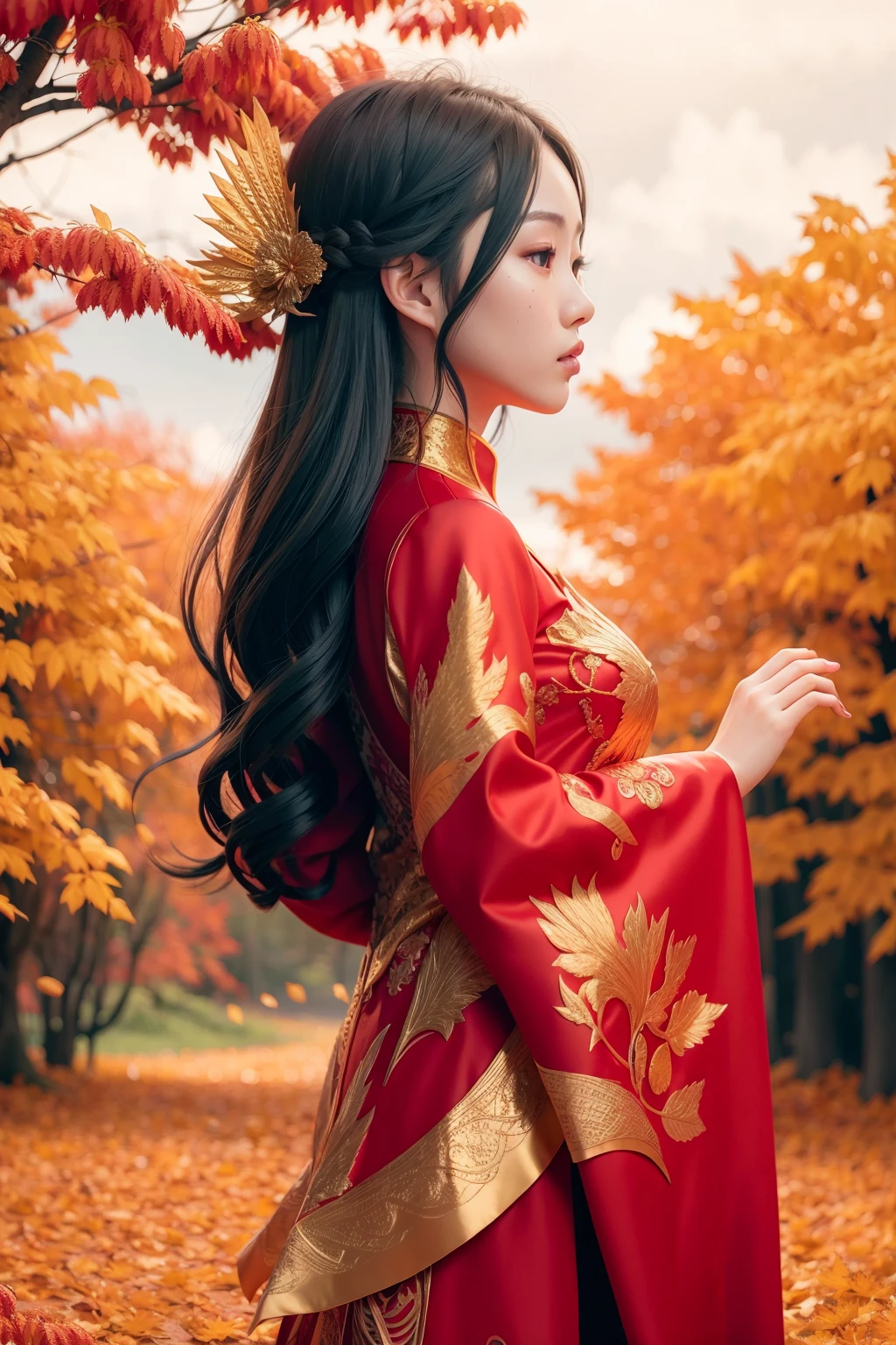 Phoenix dress, 1girl, solo,  ((maple forest background)), long hair, dress, black hair, simple background, red dress, gold, long sleeves, profile, wide sleeves, tassel, from side, jewelry, standing, chinese clothes, red headwear, robe  <lora:phoenixdressV.2-0000010:0.7>