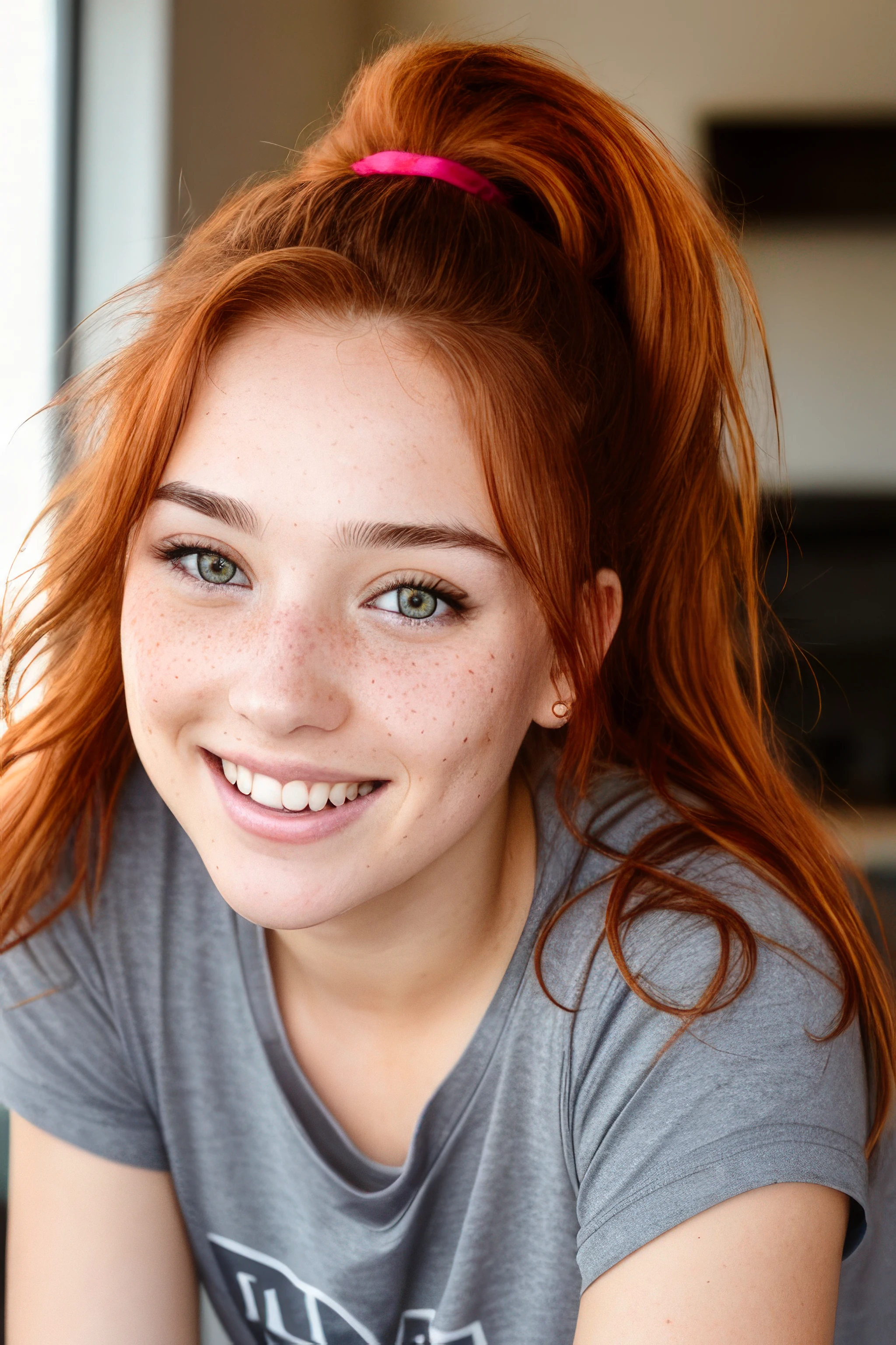 Super ultra happy cute young woman, with freckles and ginger hair, holding her cheeks