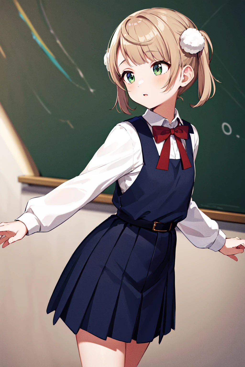 masterpiece, best quality, highres, ui3, 1girl, solo, green eyes, pom pom \(clothes\), pinafore dress, white shirt, white socks, long sleeves, aged down, short hair, belt, red bowtie, bangs, school uniform, blue dress, collared shirt, <lora:shigure_ui_v2:0.6>, cowboy shot,