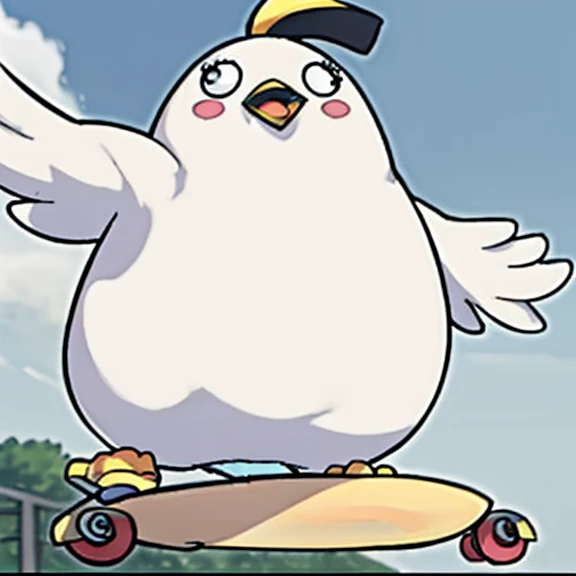 masterpiece, best quality, <lora:PeroroSama_v9-000006:1.0>, no humans, peroro, fat bird, riding a skateboard,