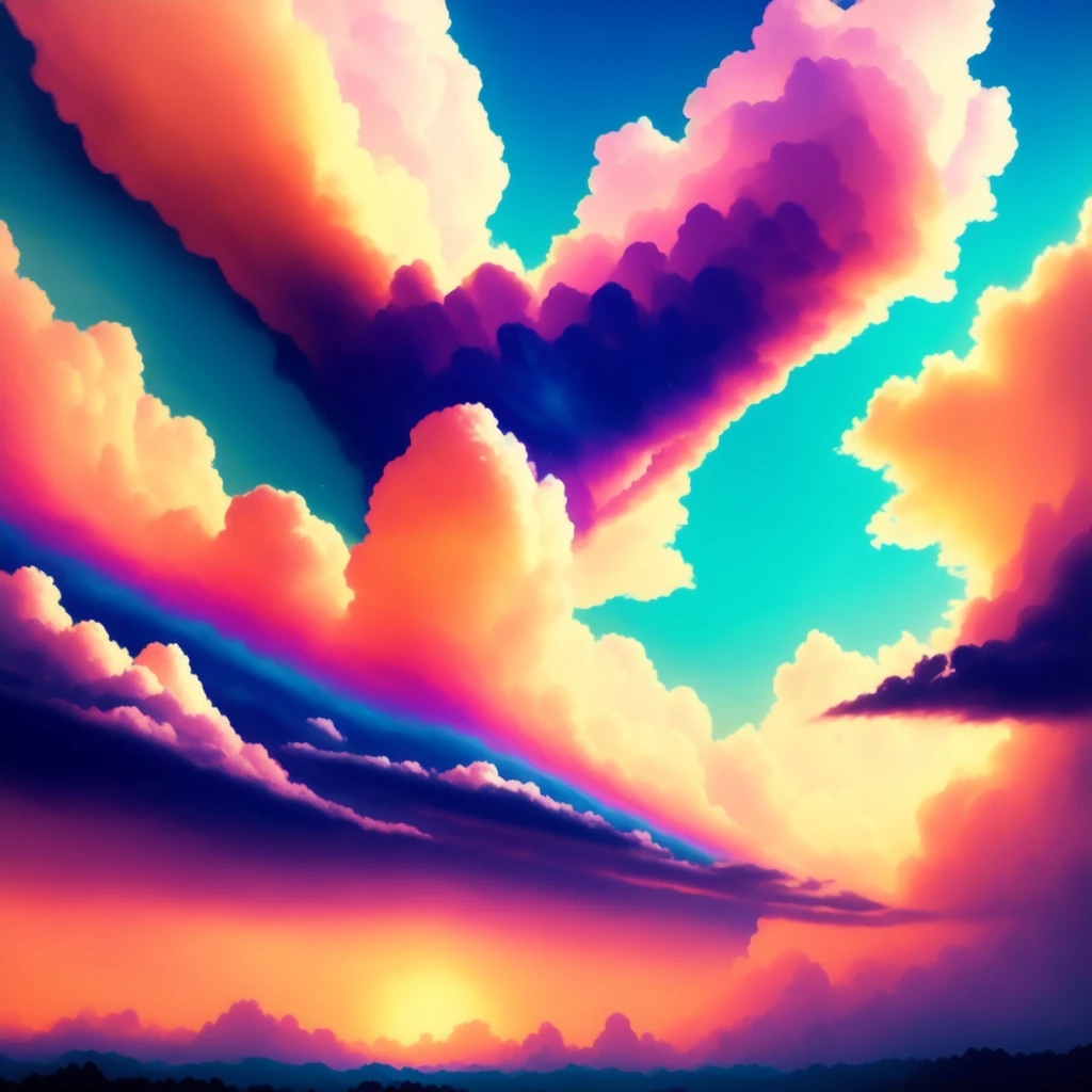 photo, Apocalypso style a painting of a colorful sky filled with clouds <lora:JohnsonDesu-Zenkai-256:1>