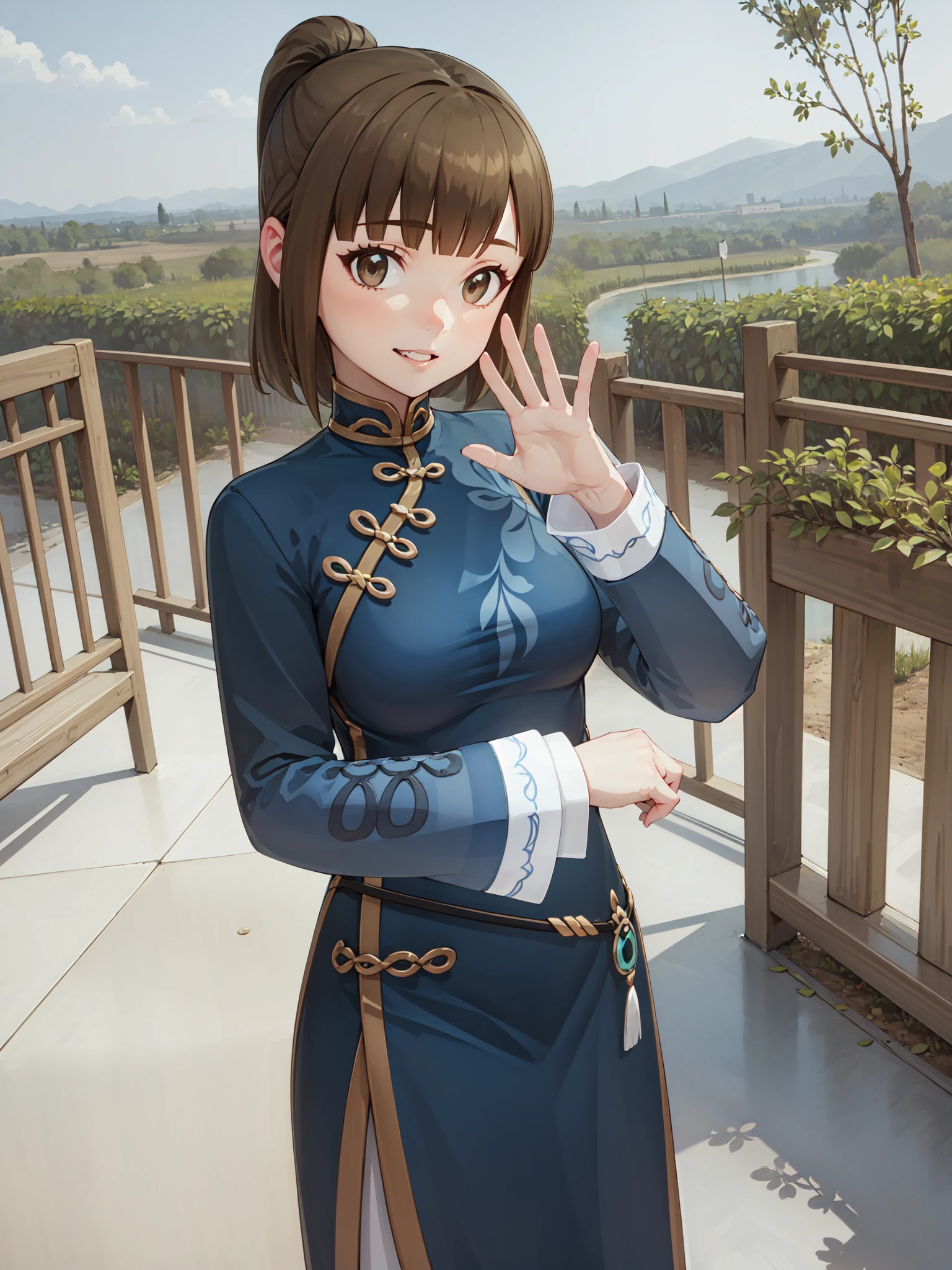 masterpiece, best quality, 1girl, solo, pov, portrait, waving hello, cute pose, head tilt, grinning, teeth, ponytail, <lora:GenshinNPC_XiaoYu_V4-000008:0.75>, brown eyes, outdoors, chinese countryside, green hills,