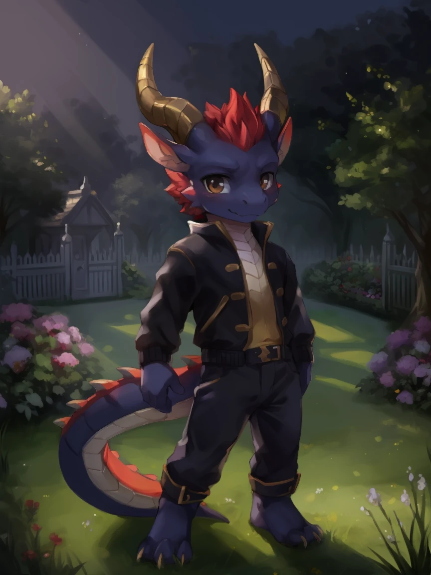 Masterpieces, furry, male, (dragon), solo, horn, chibi, kemono, garden, wearing jacket, high quality, absurd res, digital painting, (dark shadows, wide dynamic range, hdr, low light:1.2)