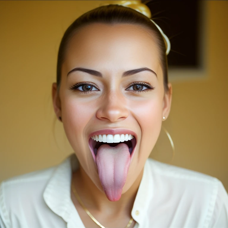 a woman, mouth open, tongue out, wide smile, happy face, extreme midday sun, toplit, frontlit, cute, seductive, white caucasian, sharp focus, dslr, professional , stunning, very detailed, aesthetic, ultra realistic, wholesome, warm light, low cut blouse, detailed pupils, detailed eyes, golden eyes, very detailed skin, pretty teeth <lora:ftm-v0:1>