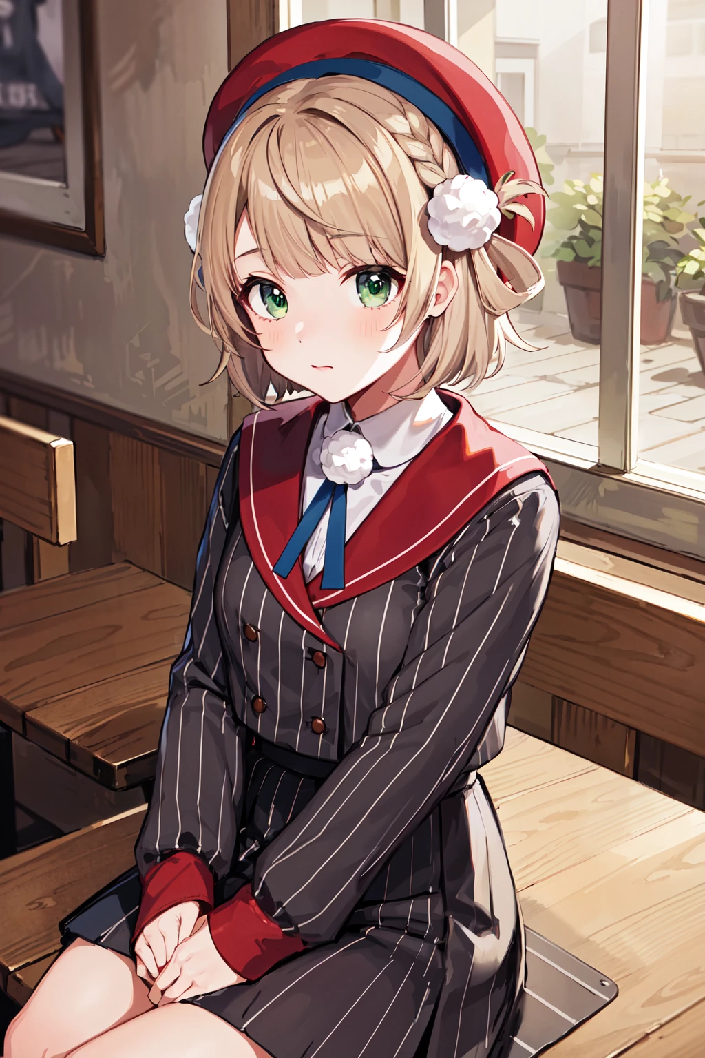 masterpiece, best quality, highres, ui1, 1girl, solo, hair rings, green eyes, pom pom hair ornament, sailor collar, long sleeves, striped jacket, braid, vertical_striped skirt, vertical stripes, beret, <lora:shigure_ui_v2:0.6> , cowboy shot, sitting, cafe, indoors, coffee,