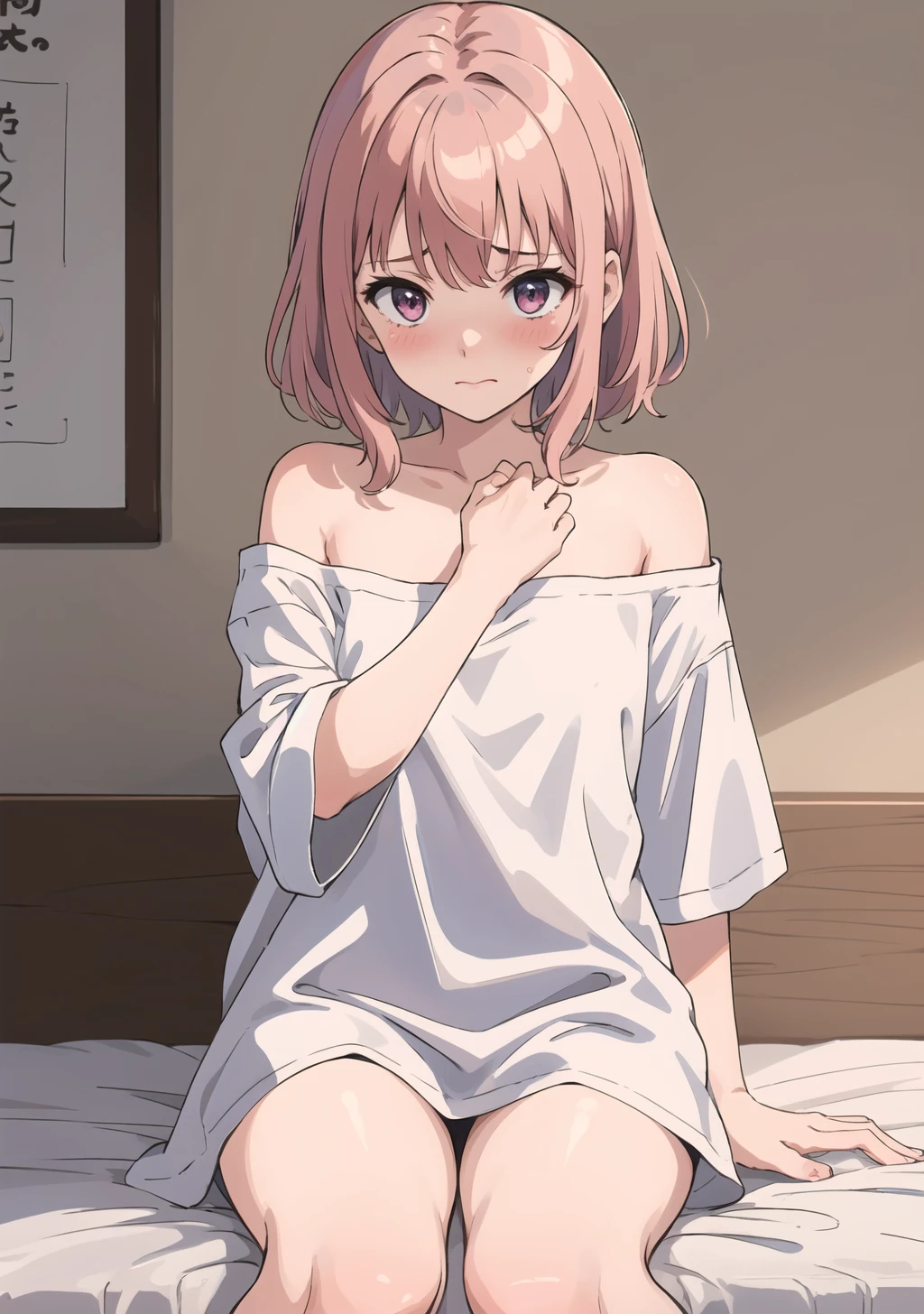 (masterpiece, best quality), 1girl, oversized shirt, off_shoulder, blushing, embarrassed, innocent, bedroom <lora:oversizedShirt_v10:1>