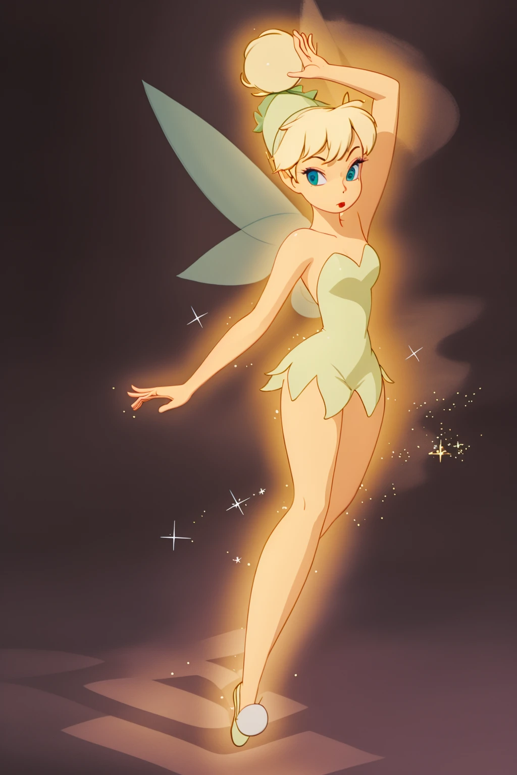 (masterpiece, best quality, high resolution:1.4), 1girl, tinker bell, fairy wings, green_fairy_dress  <lora:TinkerBell_v1:1>