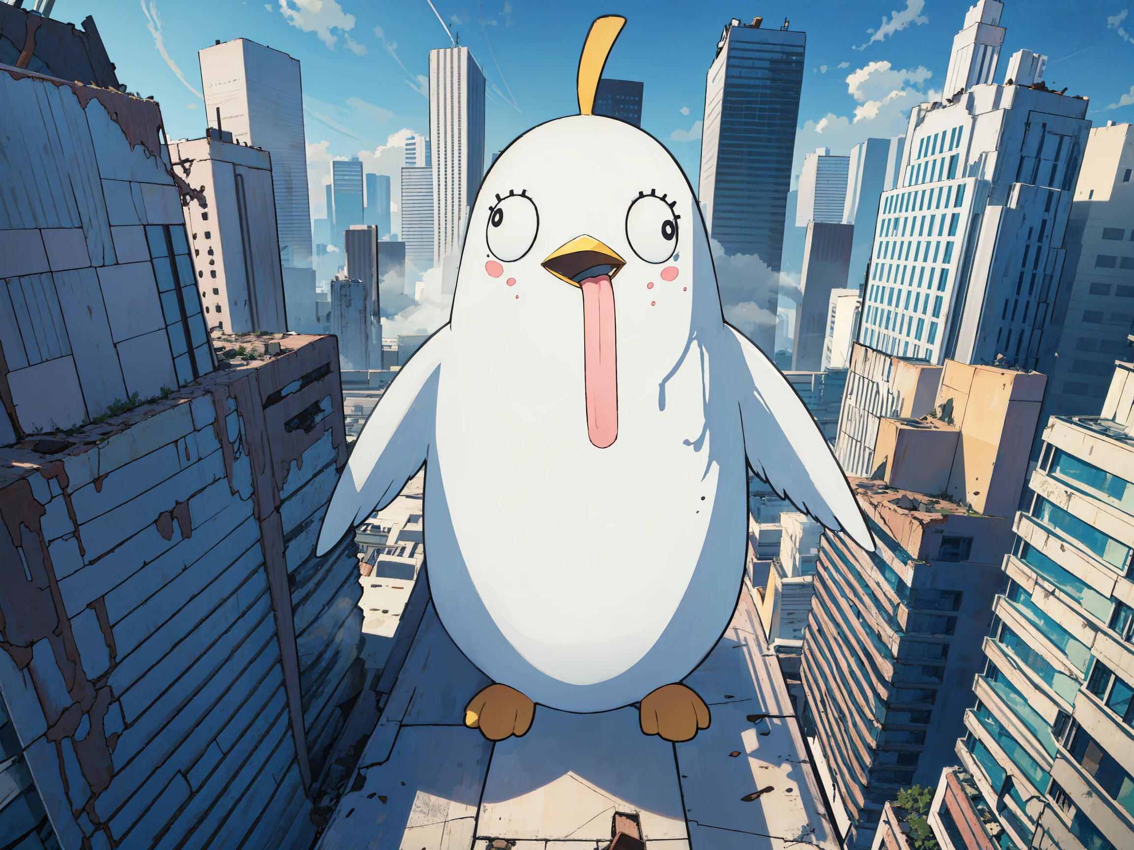 masterpiece, best quality, bird's eye view, from above, scenery, landscape, no humans, animal, peroro, fat white bird, fat bird, giant bird, long tongue, drooling, crying, colossal bird, walking in the middle of a city, stomping on buildings, knocking down biuldings, <lora:PeroroSama_v9-000006:1.0>, japanese city, destruction, ruins, black smoke, rubble, skyscrapers, blue sky, post-apocalyptic, dust clouds