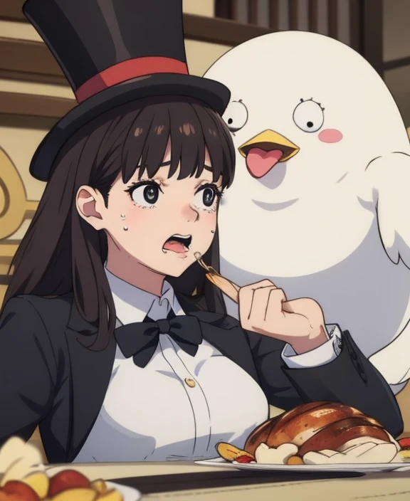 masterpiece, best quality, no humans, animal, peroro, fat white bird, long tongue, drooling, crying, bawling, tears, <lora:PeroroSama_v9-000006:0.7>, wearing a top hat, black tuxedo, bowtie, eating roast chicken, banquet table,