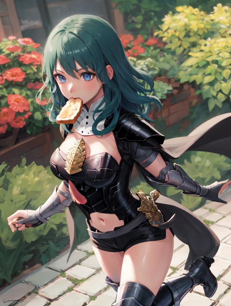 masterpiece, best quality, vibrant colors, fembyleth, detached collar, black cape, black crop top, breastplate, tassel, belt, short shorts, gauntlets, upper body, running, toast in mouth, garden, cobblestone paths <lora:byleth-nvwls-ver5-000014:0.9> <lora:toast-nvwls-v1:0.7>