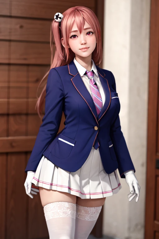 <lora:doa_honoka:0.7> honoka, blue blazer, tie, pleated skirt, one glove, white thighhighs