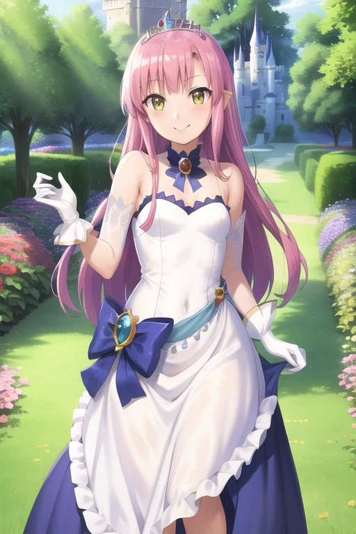 masterpiece, best quality, hinagiku katsura, dress, princess, princess dress, blue dress, royal dress, tiara, garden, colorful garden, castle, day, smile, white gloves, pink hair, yellow eyes, <lora:HinagikuV2:0.6>