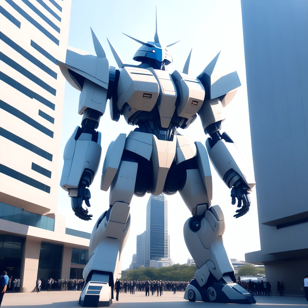photo, GundamArt style a giant robot standing in front of a building <lora:JohnsonDesu-Zenkai-256:1>