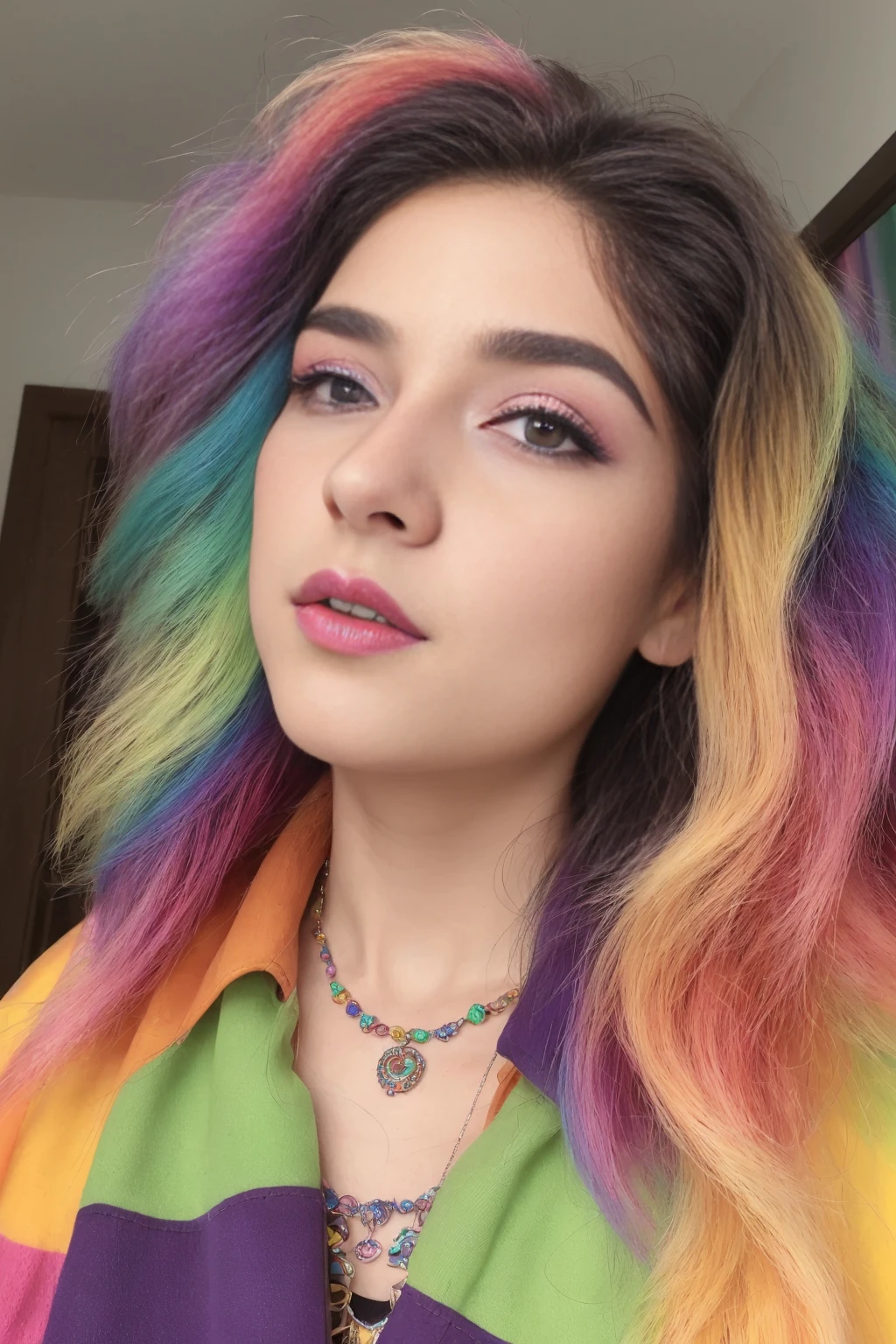 (8k, RAW photo, best quality, masterpiece:1.2), (realistic, photo-realistic:1.37), ultra-detailed, (high detailed skin:1.2), Girl taking a selfie, realistic face, perfect eyes, wide angle full body <lora:scene:0.6>, (poofy hair:1.6), goth makeup, (rainbow colourful hair:1.4), t-shirt, lace skirt, colourful clothes, piercing, in a dark bedroom, mirror selfie, choker, realistic backround