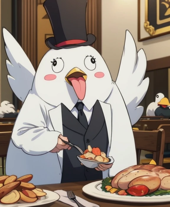 masterpiece, best quality, no humans, peroro, fat white bird, long tongue, <lora:PeroroSama_v9-000006:0.7>, wearing a top hat, tuxedo and tie, eating roast chicken, banquet table,