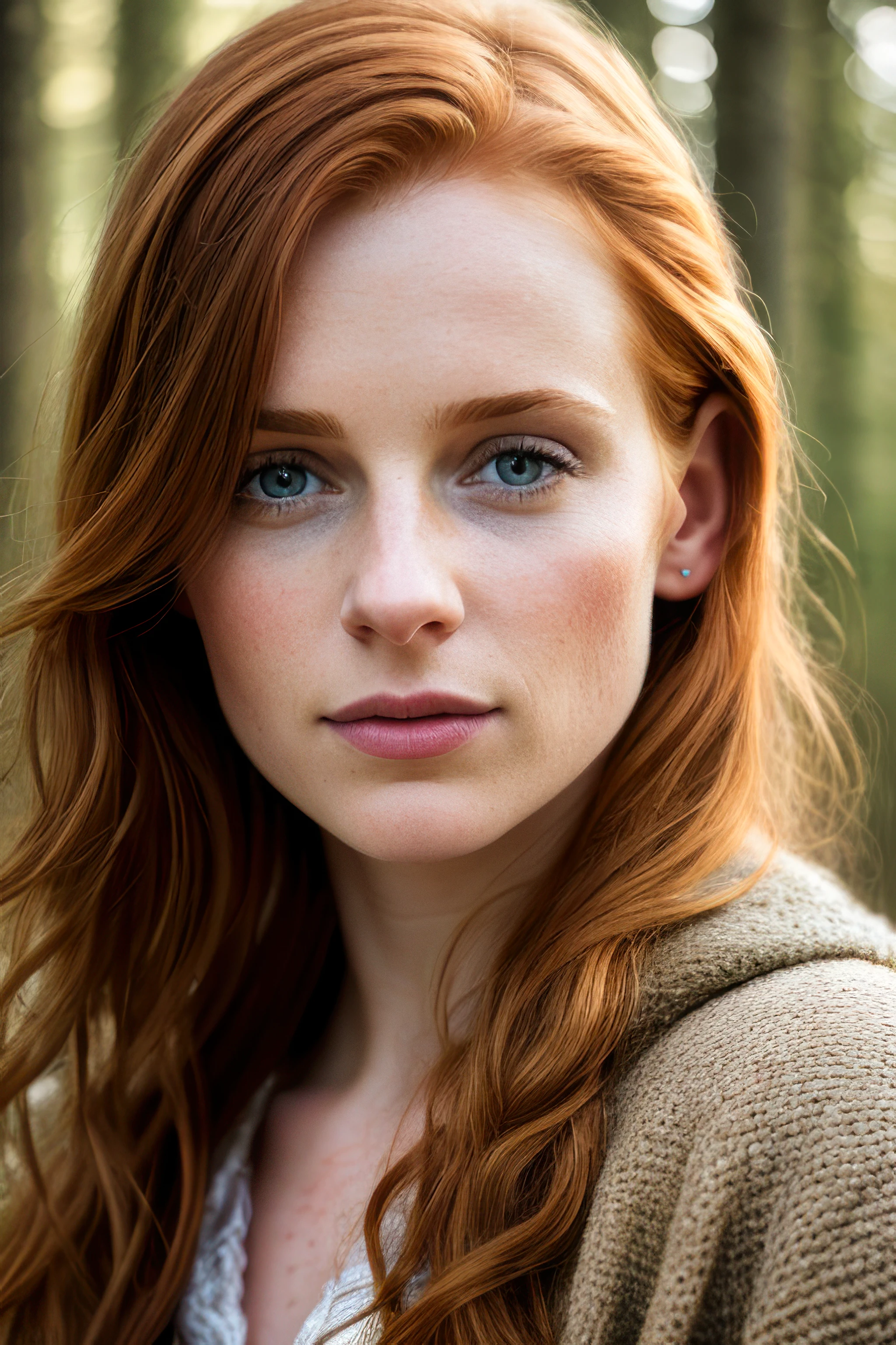 close up of a european woman, ginger hair, winter forest, natural skin texture, 24mm, 4k textures, soft cinematic light, RAW photo, photorealism, photorealistic, intricate, elegant, highly detailed, sharp focus, ((((cinematic look)))), soothing tones, insane details, intricate details, hyperdetailed, low contrast, soft cinematic light, dim colors, exposure blend, hdr, faded