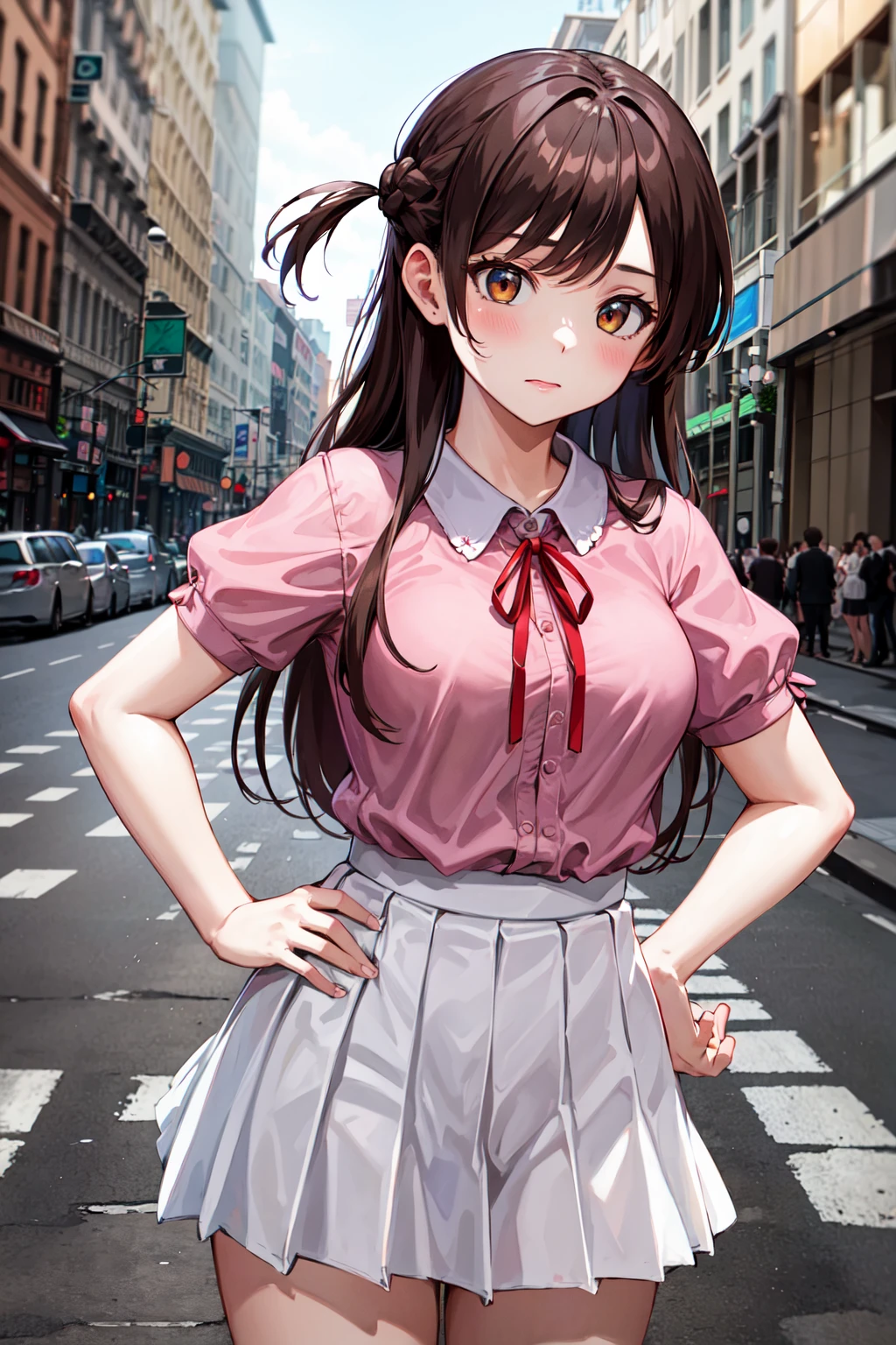 masterpiece, best quality, highres, chi1, 1girl, long hair, braid, one side up, solo, white skirt, red ribbon, pink shirt, pleated skirt, bangs, neck ribbon, puffy short sleeves,  <lora:mizuhara_chizuru_v4:0.6>, cowboy shot, street, hand on hip,