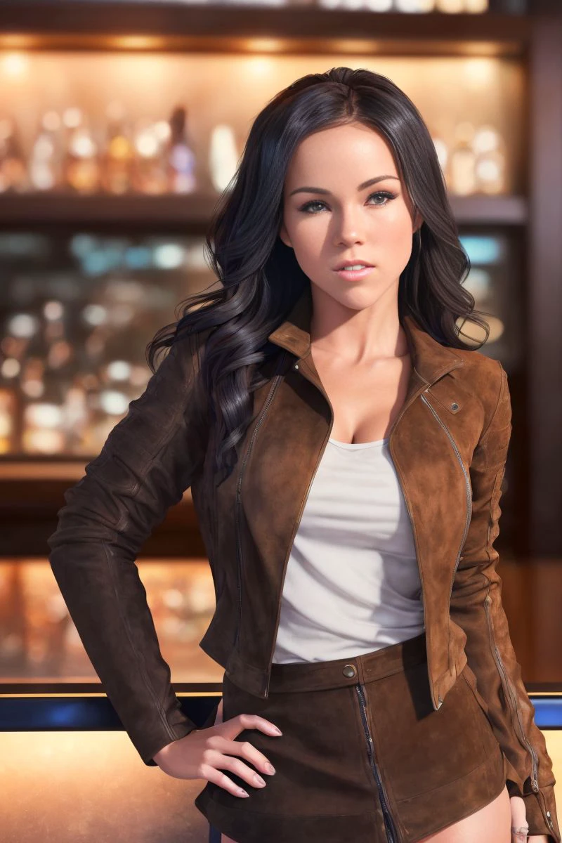 Young woman of 24 years, sitting at a table in a bar reading a newspaper, with a serious face, vivid real black eyes, short black hair, with a burgundy blazer with buttons, realistic hands with tattoo on the right arm, is leaning on a mahogany bar table, background image of a modern British bar,  with a few beater bottles on the table, photorealistic, 12k, ultra realistic photo, real colors, vivid colors, high definition picture
