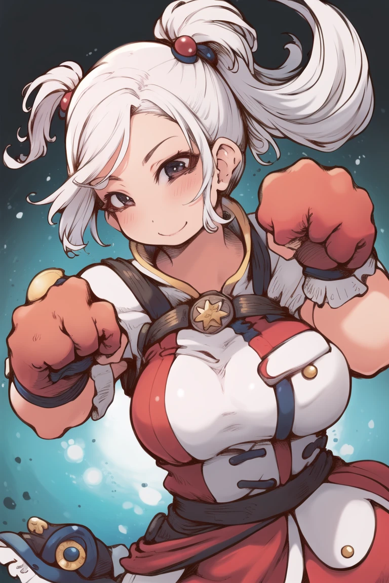 (best quality, masterpiece1.2),simple background,white hair,
seductive smile, fist,hand,knuckles,
<lora:IbukichiStyle-20:1>