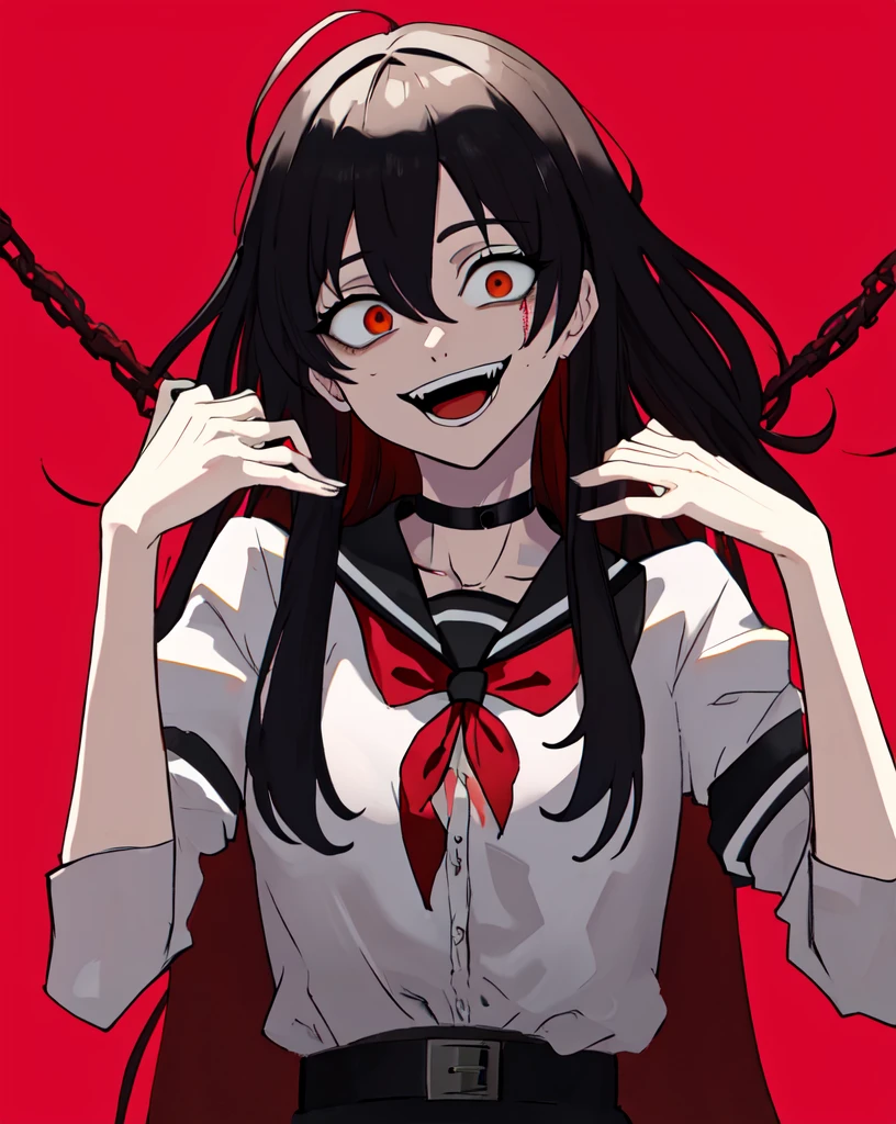 masterpiece, best quality, <lora:last-000005:0.6>, yameroyandere, crazy smile, crazy eyes, yandere, red background,
