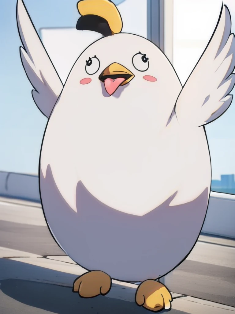 masterpiece, best quality, <lora:PeroroSama_v9-000000:1.0>, animal, peroro, fat bird, standing next to a bus stop, thumbs up, facing forward, white feathers, tongue out, long tongue,