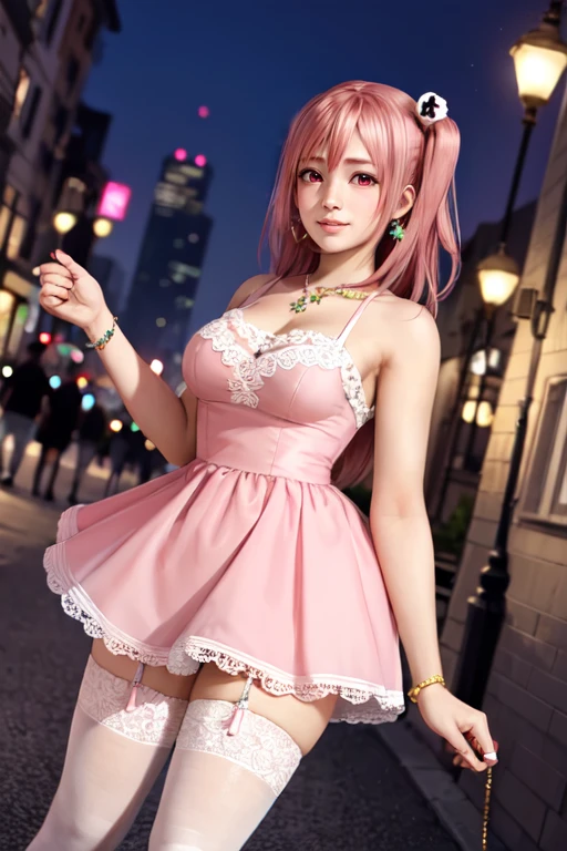 <lora:doa_honoka:0.7> honoka, pink dress, lace trim, white thighhighs, nice, jewelry, princess, masterpiece, city streets, night