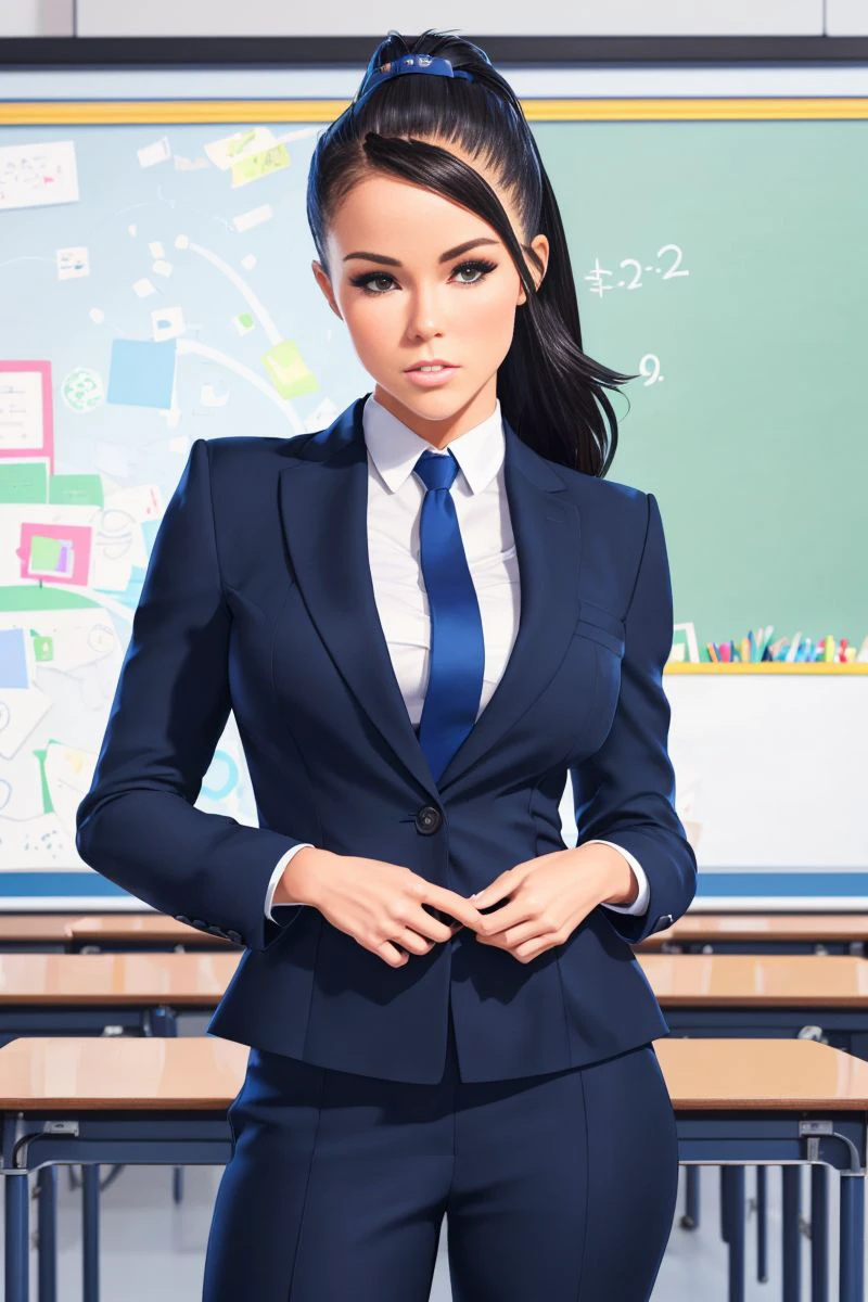 photorealistic, (4k), depth of field, (Masterpiece), (realistic skin texture), extremely detailed, intricate, hyper detailed, professional photography, bokeh, high resolution, sharp detail, best quality, girl, purple hair, ponytail, purple eyes, blue , skirt, nice hands, perfect hands, crossing ankles, dynamic pose, classroom, school, happy, smile, sitting behind a school table,