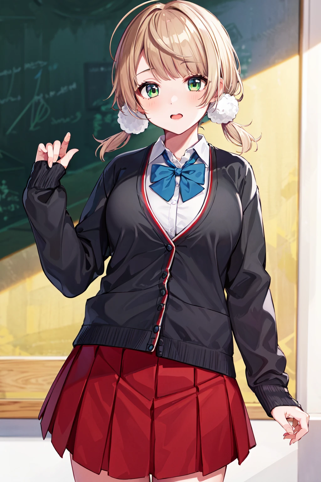 masterpiece, best quality, highres, ui2, 1girl, solo, green eyes, solo, red skirt, white shirt, low twintails, pom pom \(clothes\), collared shirt, blue bow, pleated skirt, school uniform, long sleeves, cardigan <lora:shigure_ui_v2:0.6> , cowboy shot