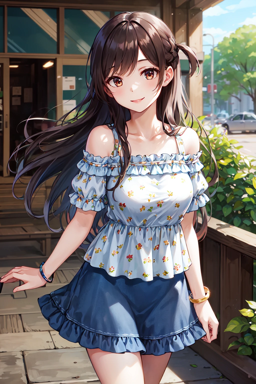 masterpiece, best quality, highres, chi1, 1girl, long hair, one side up, solo, bracelet, bangs, bare shoulders, blue shirt, floral print, short sleeves, off-shoulder shirt, frills, blue skirt, <lora:mizuhara_chizuru_v2:0.6>, cowboy shot, smile,