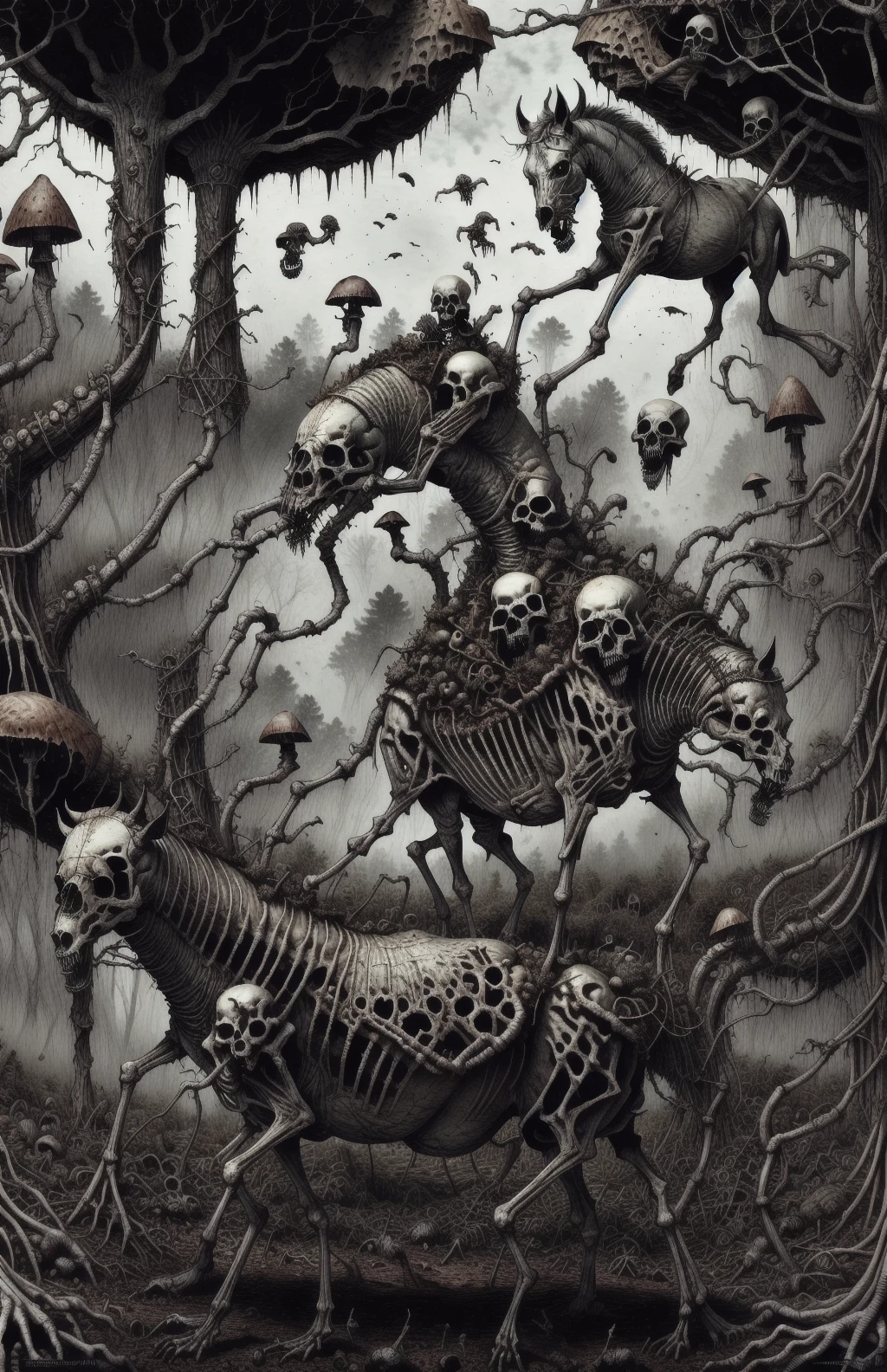 corpse in the woods riding on a horse, saliva, dendrophobia, plants, mushroom, fungus, vines, roots, DREAD, horror, dark art, best quality, highres, realistic, dramatic lighting, detailed, 8k, film grain, Fujifilm XT3, dramatic lighting, photon mapping, BoneyardAI <lora:boneyardai_v10:.6> <lora:darkFantasy_v11:.4> <lora:westernInkLora_v1:.6>